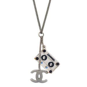 Chanel CC Cassette Tape Chain Pendant Necklace Rhinestone Silver